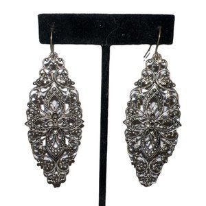 Antiqued Silver Floral Filigree Drop Diamond Shape Earrings
